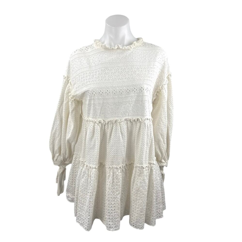 Women's Ivory Eyelet Embroidery Balloon Sleeve Tiered Mini Flare A-Line Dress S